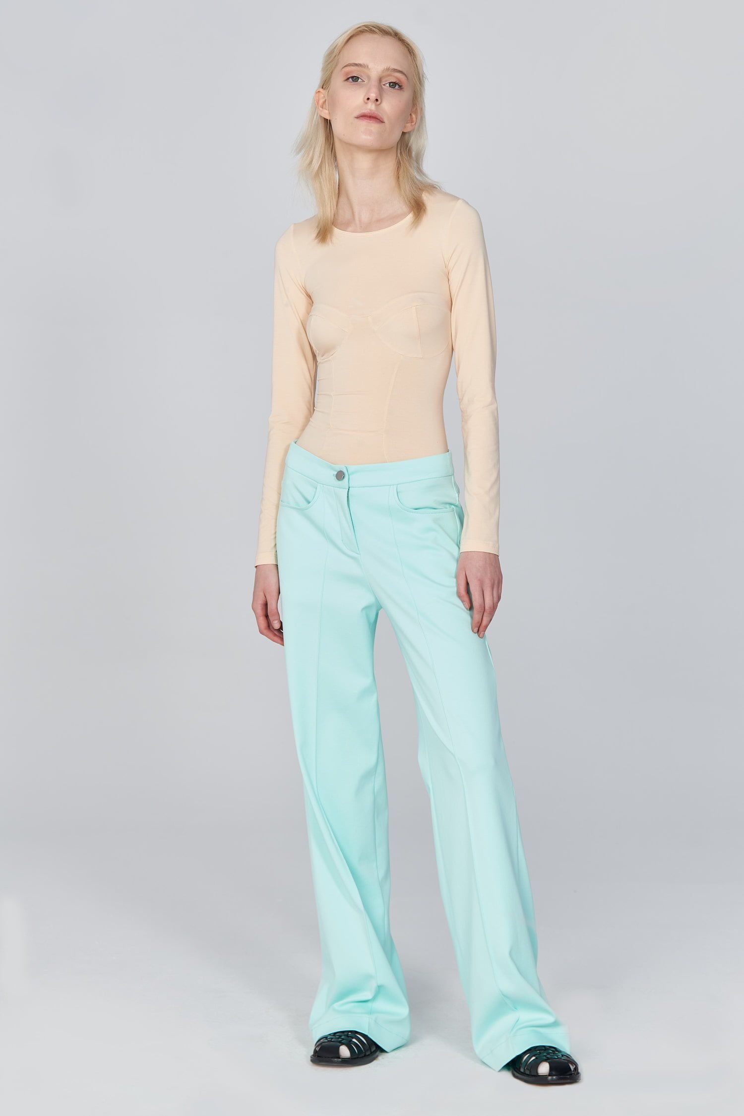 Acephala Ss21 Flared Mint Trousers Bustier Longsleeve Top Front Relaxed 2
