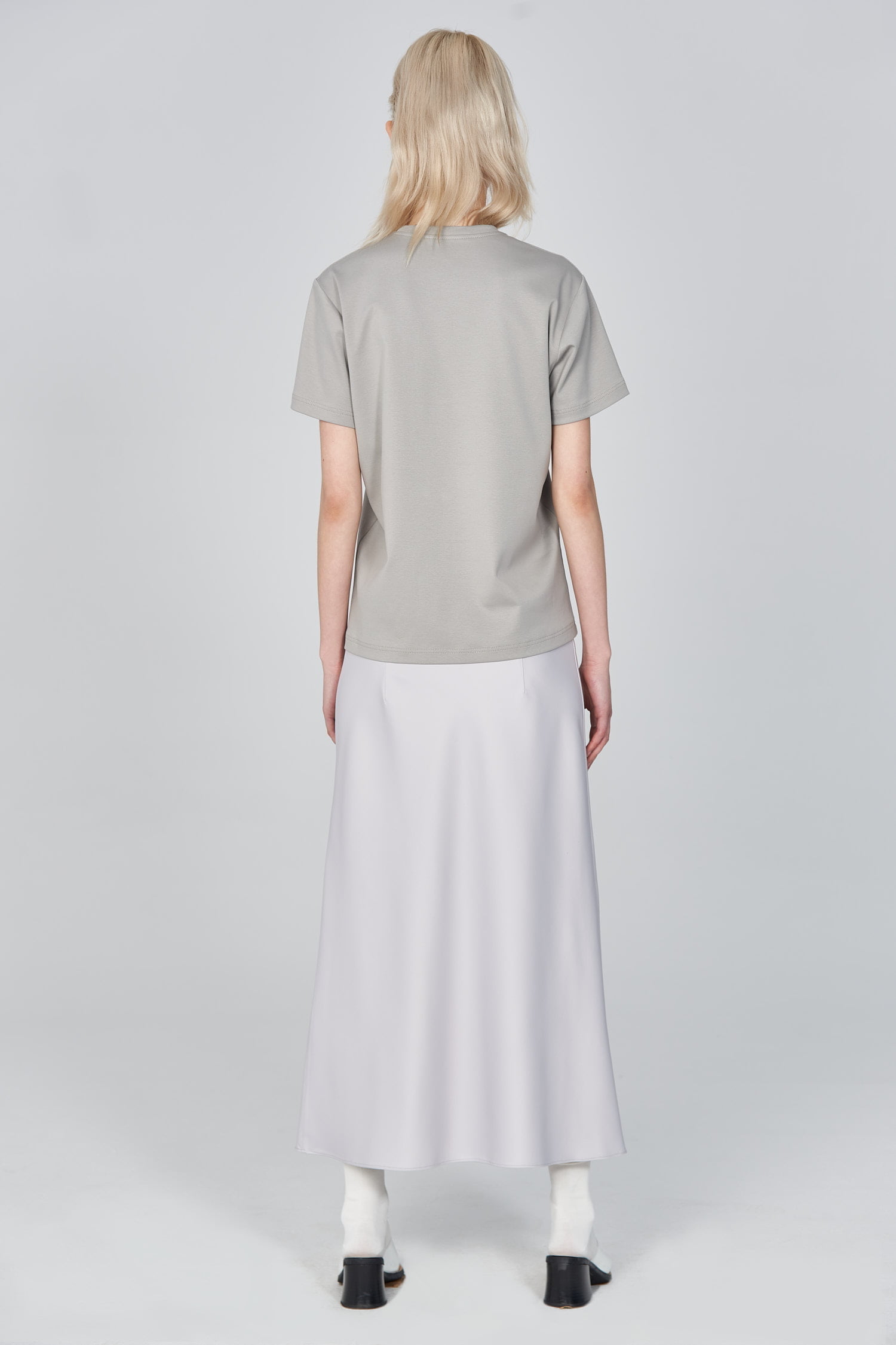 Acephala Ss21 Grey Logo T Shirt Silver Satin Skirt Back