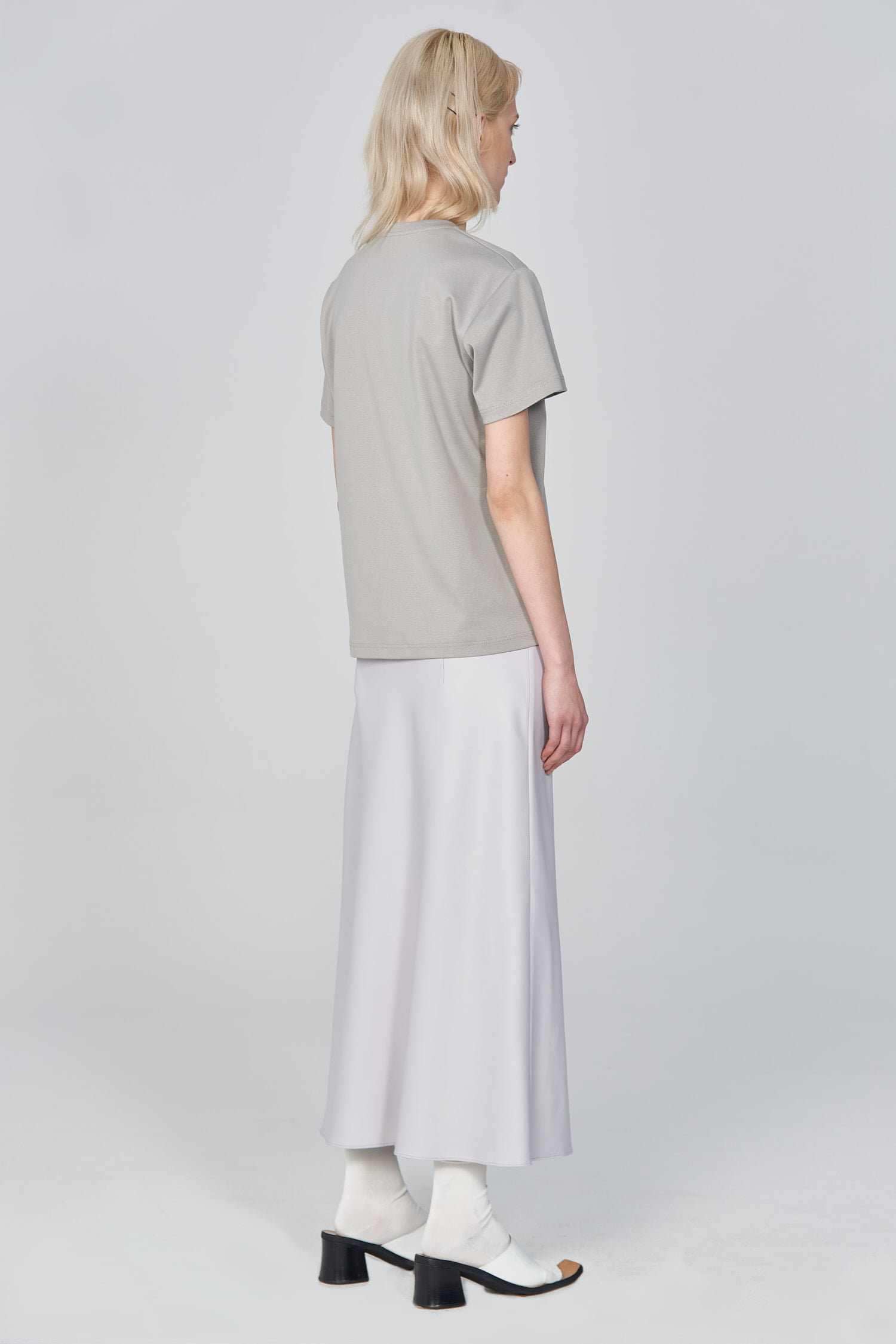 Acephala Ss21 Grey Logo T Shirt Silver Satin Skirt Sice Back