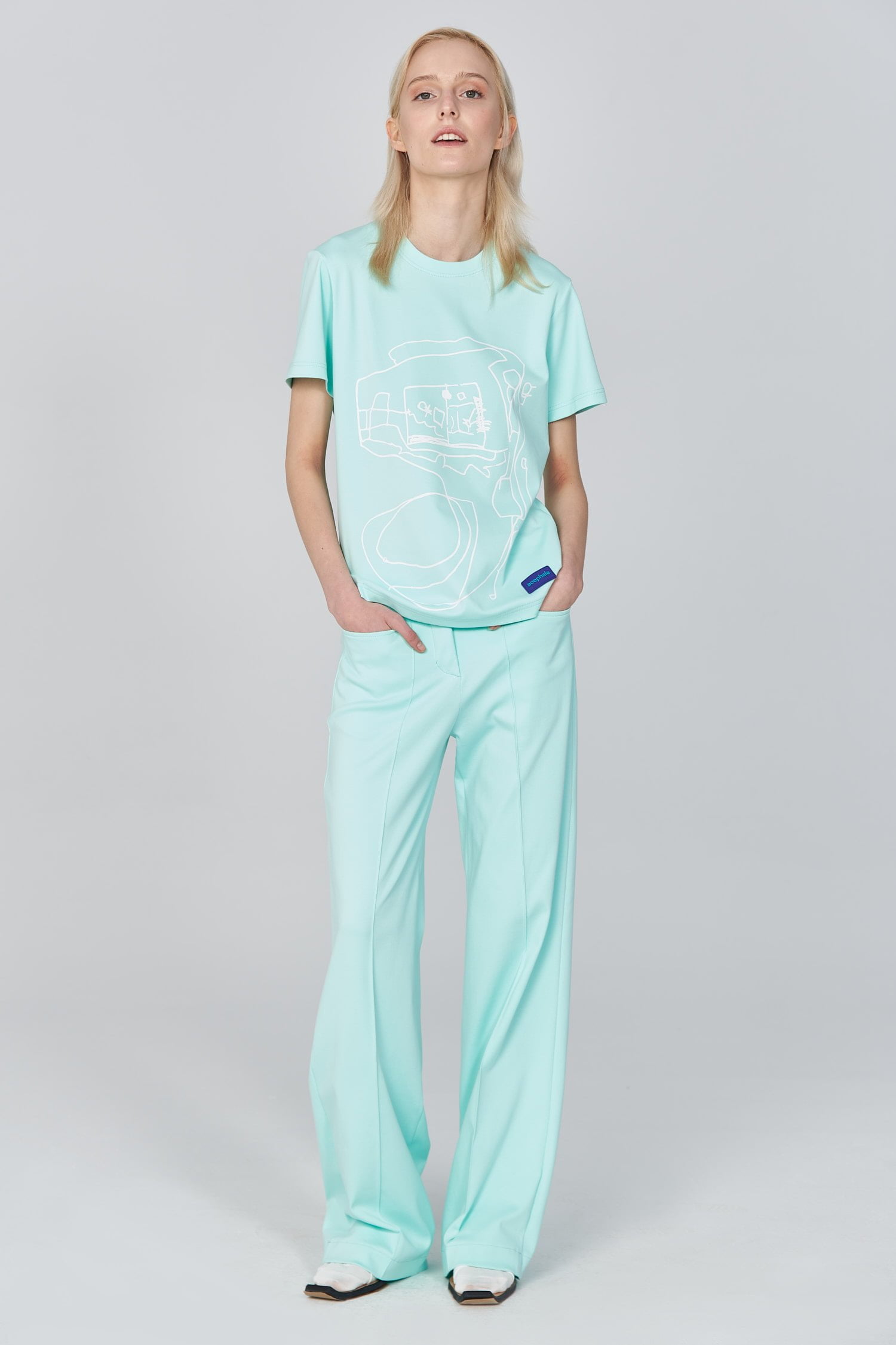 Acephala Ss21 Mint T Shirt Flared Trousers Front Relaxed 2